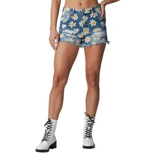 Almost Famous Daisy print mom short with destruction, distressing and frayed hem